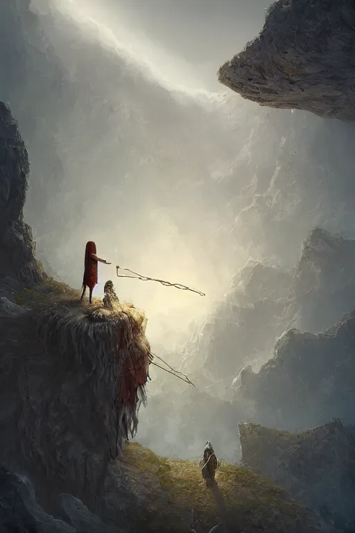 Image similar to profile view, a necromancer on a cliff with a staff casts a spell that reveals the secret of life the universe and everything, dirty linen robes, staff of bones, grizzled bearded withered man by jessica rossier and hr giger