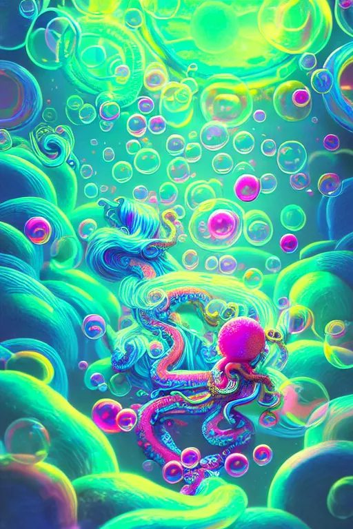 Image similar to neon clouds colorful and bubbles being by tentacles, dmt, psilocybin, lsd, detailed, intricate, elegant, highly detailed, digital painting, artstation, concept art, smooth, sharp focus, illustration, art by hana yata, and artem demura and beeple, octane render, unreal engine, 8 k