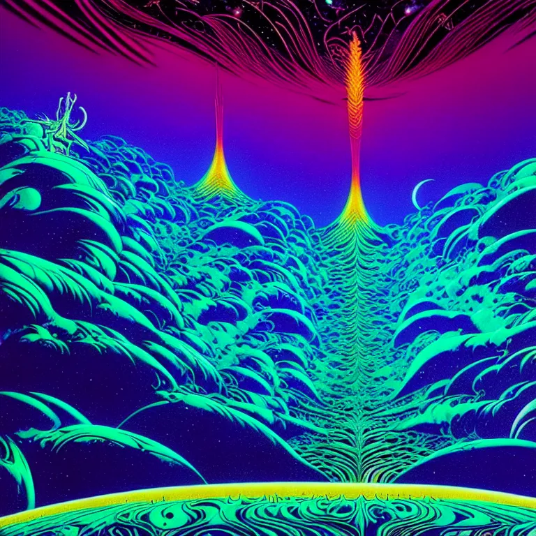 Image similar to mysterious edge of interstellar space, psychedelic waves, synthwave, bright neon colors, highly detailed, cinematic, eyvind earle, tim white, philippe druillet, roger dean, ernst haeckel, lisa frank, aubrey beardsley