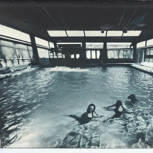 Image similar to abandoned indoor water park with strange creatures lurking, polaroid photo