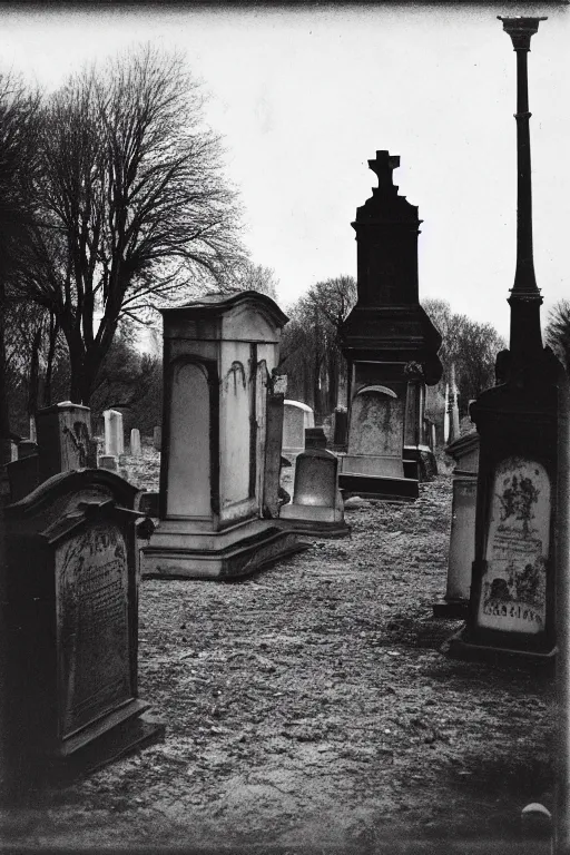 Prompt: Black and white camera obscura image of creepy cemetery, 1910s paris, crow, scary, horror, dark mood