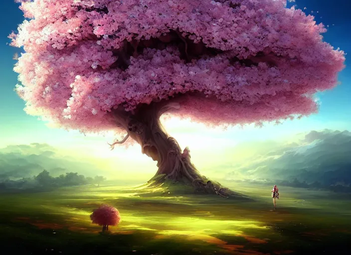 Prompt: a single colossal cherry blossom tree rising above a vast grassland and forested landscape, voluminous clouds, god rays, fantasy digital painting, stunning intricate details, artwork by peter mohrbacher, cyril rolando