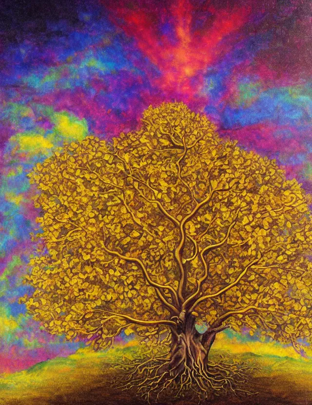 Image similar to tree of knowledge erudite gnostic wisdom, golden boughs and roots, celestial skies and lambent clouds, oil painting award winning, chromatic aberration bright colors