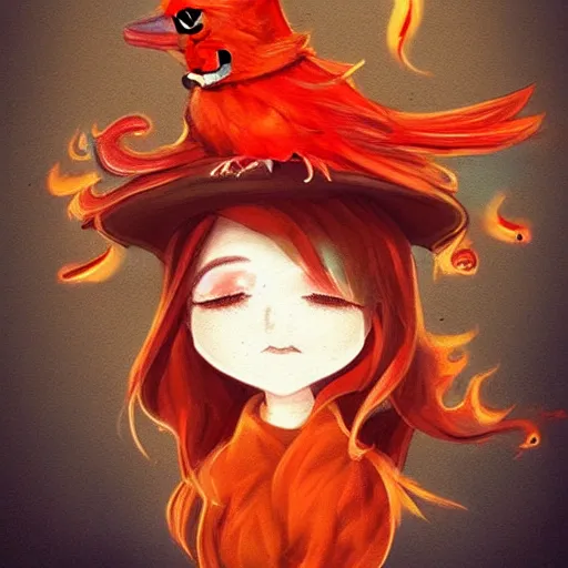 Prompt: cute fiery bird wearing a witch\'s hat. kawaii, adorable, digital art, trending on artstation, fiery bird, anime art by Aokamei and Ross Tran