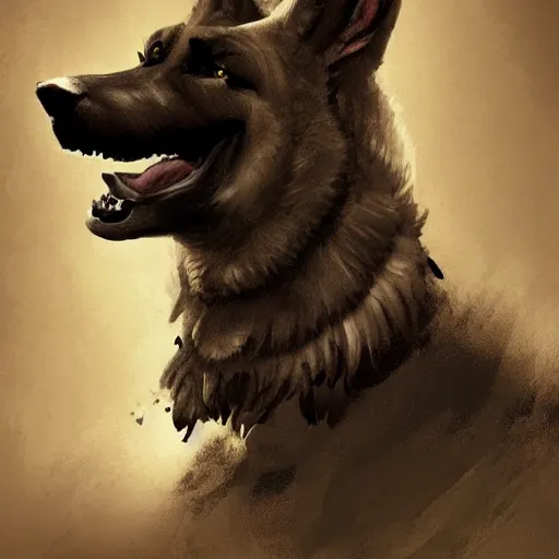 Image similar to a humanoid german shepherd beast - man in military style, sitting on the carpeted floor beside a bed, highly detailed portrait, digital painting, artstation, concept art, smooth, sharp foccus ilustration, artstation