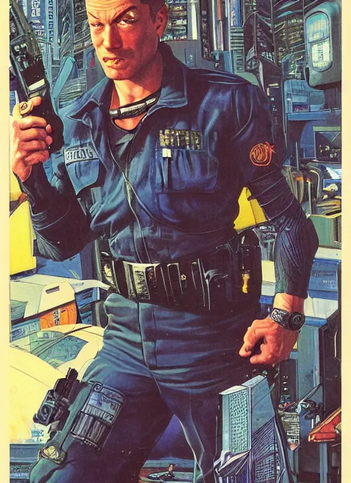 Image similar to cyberpunk cop. portrait by clyde caldwell and jean giraud and anton otto fischer and john philip falter and will eisner and gil elvgren