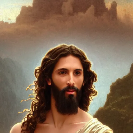 Image similar to an extremely detailed matte painting of a ridiculously good looking jesus that looks like a jewish gigachad with his 1 2 apostle entourage, long curly hair, elegant ancient greek dress, very detailed, windy beach, beautiful, intricate, cinematic, artstation, william bouguereau, alphonse mucha, greg rutkowski, rossdraws, octane render