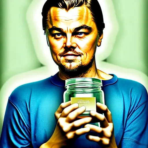 Image similar to detailed studio portrait of leoanrdo dicaprio holding tiny jar of tincture. watching ar camera. studio light, polished look, solid background, ad, fashion photography, by pierpaolo ferrari and maurizio cattelan, 3 5 mm photograph, david lachapelle, canon eos c 3 0 0, 8 k