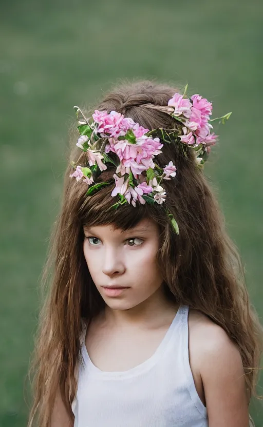 Prompt: portrait of a shy young girl with flowers in her hair, beautiful composition, modern color palette, 50mm f1.8, ambient light,