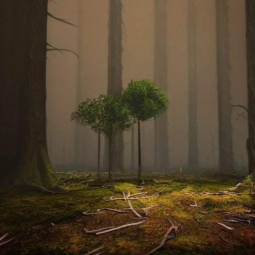 Image similar to Beautiful forest leading to a dead forest, octane render, volumetric lighting, 4K