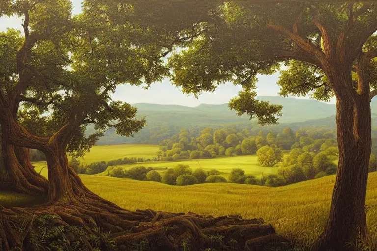 Prompt: masterpiece painting of oak trees on a hillside overlooking a creek, dramatic lighting, by alex gross