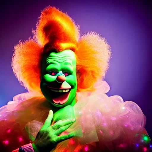 Image similar to uhd candid photo of cosmic krusty the clown, glowing, global illumination, studio lighting, radiant light, detailed, correct face, elaborate intricate costume. photo by annie leibowitz