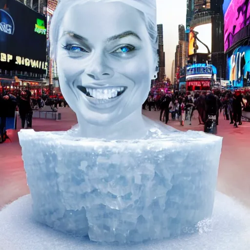 Image similar to margot robbie ice sculpture in times square, photorealistic, 8 k resolution, high detail