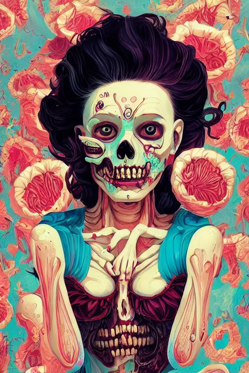 Image similar to a smiling cute zombie woman peeling skeleton skin and wavy hair, tristan eaton, victo ngai, artgerm, rhads, ross draws