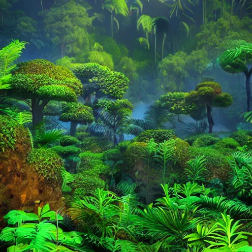 Image similar to dreamy landscape of a beautiful jungle ocean land, 3 d render