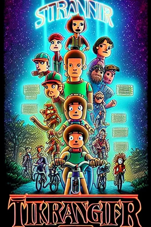 Image similar to animated version of Futurama Stranger Things poster by Matt Groening, cartoon, detailed faces, high resolution, hyper detailed, intricate, illustrated, dramatic lighting !n-9