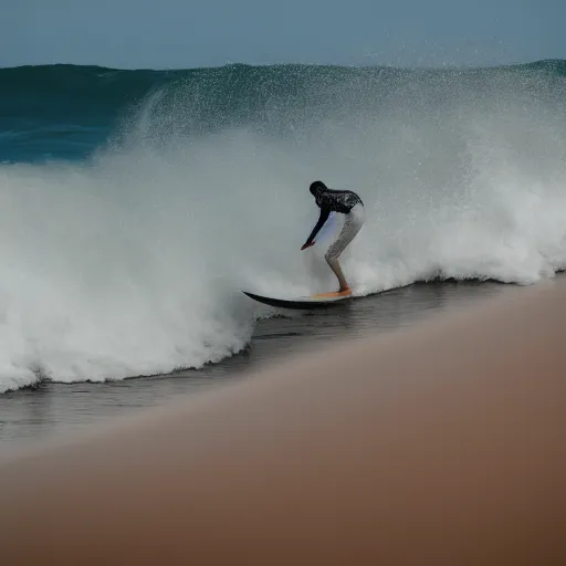 Prompt: Photograph of a zen monk surfing a giant wave on a summer day, natural light, telephoto lens, 4k image, Canon EOS