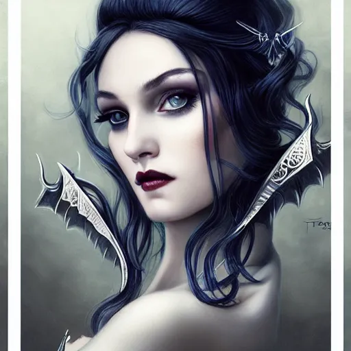 Prompt: portrait of a beautiful woman with horns, large piercing blue eyes, long wavy black hair, long black dress with silver jewels, black bat wings on back, detailed background, by tom bagshaw