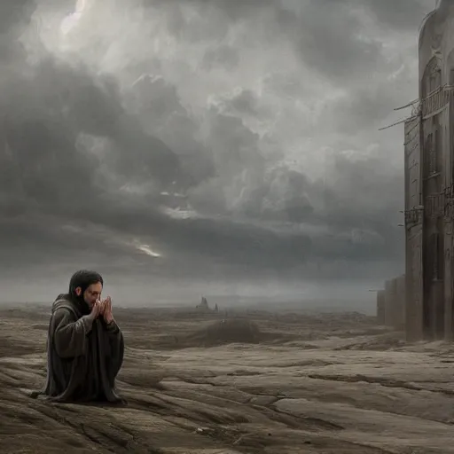 Prompt: a portrait of an hooded man praying, Matte painting , detailed painting, made by Greg Rutkowski, 4k, atmospheric