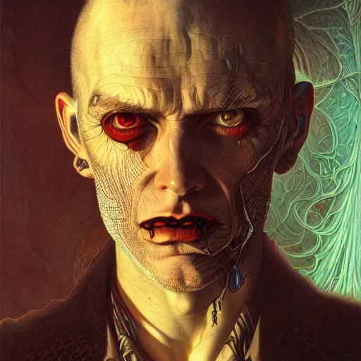 Image similar to hyper detailed masterpiece, beautiful androginous vampire portrait jean giraud, digital art painting, darkwave goth aesthetic, creepy, psychedelic, artgerm, donato giancola, tom bagshaw