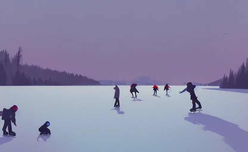 Image similar to ice skating on a frozen lake scene illustration by atey ghailan and escher and edward hopper