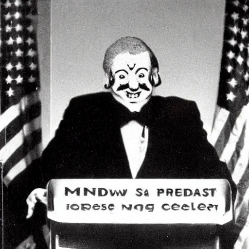 Image similar to photo of an old television showing a president that has a clown face and is giving a speech over a podium