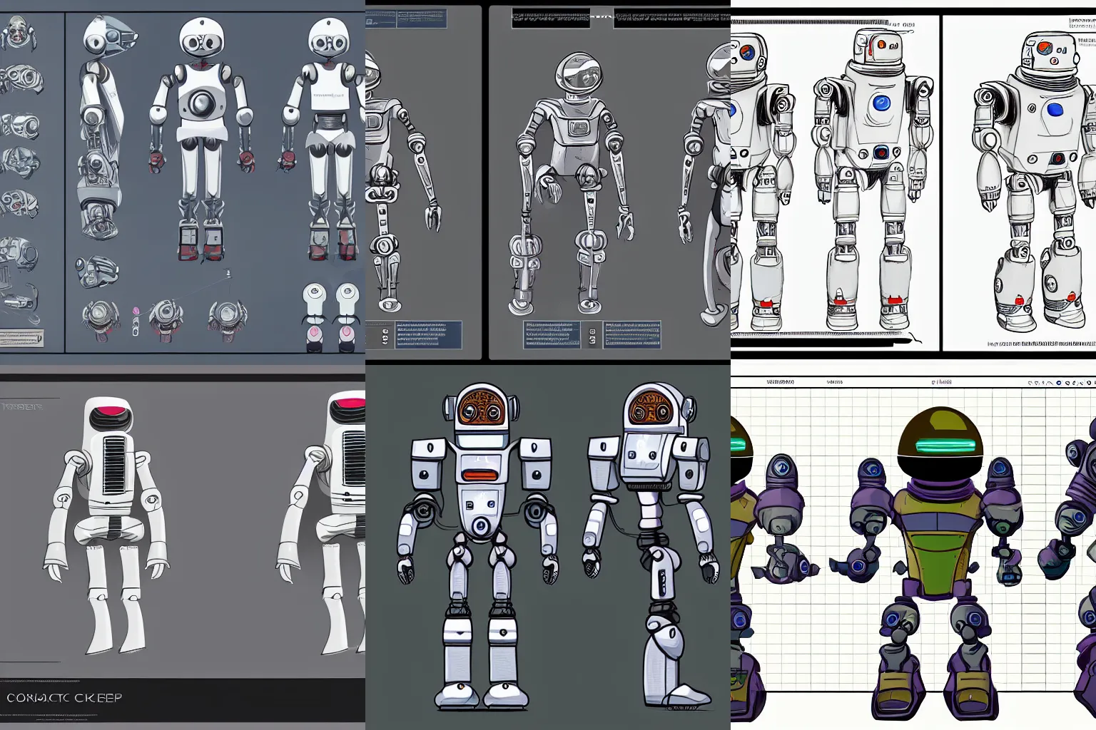 Prompt: concept art character sheet, the front view and the side view of the same cute robot, from a space themed Sierra point and click 2D graphic adventure game, made in 2019, high quality graphics