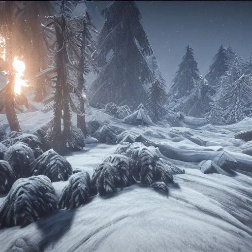 Image similar to frostpunk wood resources, a lot of snow, coast, abandoned