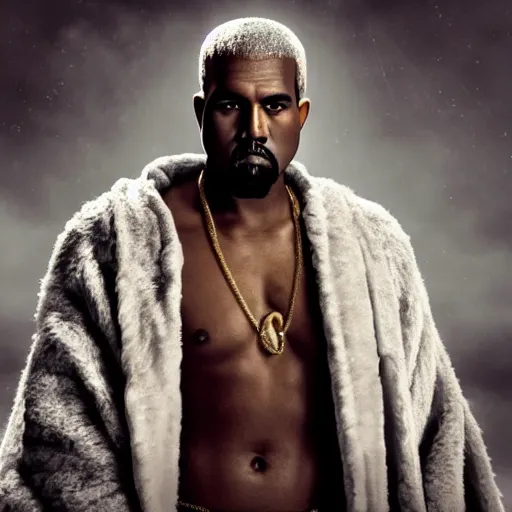 Image similar to kanye west as zeus!!!, god of thunder, greek god, white robe, thunderbolt, in mortal kombat, mythology, fantasy, detailed face, splash art, movie still, cinematic lighting, dramatic, octane render, long lens, shallow depth of field, bokeh, anamorphic lens flare, 8 k, hyper detailed, 3 5 mm film grain