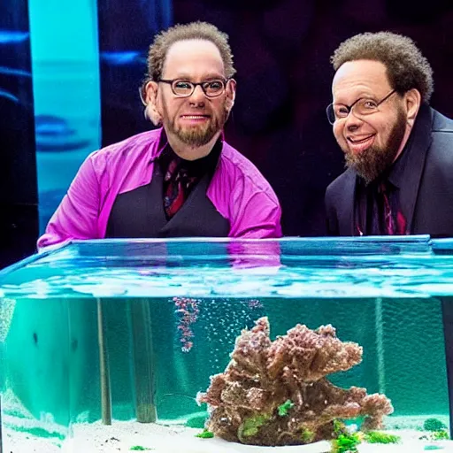 Image similar to penn and teller swimming in a fish tank together