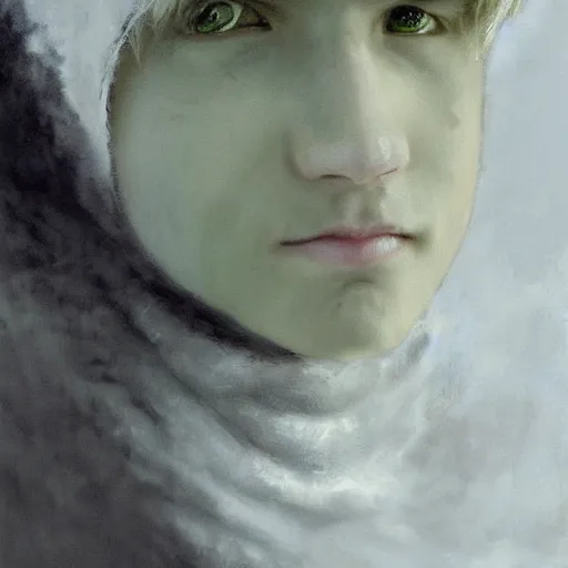 Prompt: a 14 year old teenage boy ghost with white hair and green eyes. White breath showing in the cold air. He is shivering from the cold. Sakimichan Repin. By Craig Mullins
