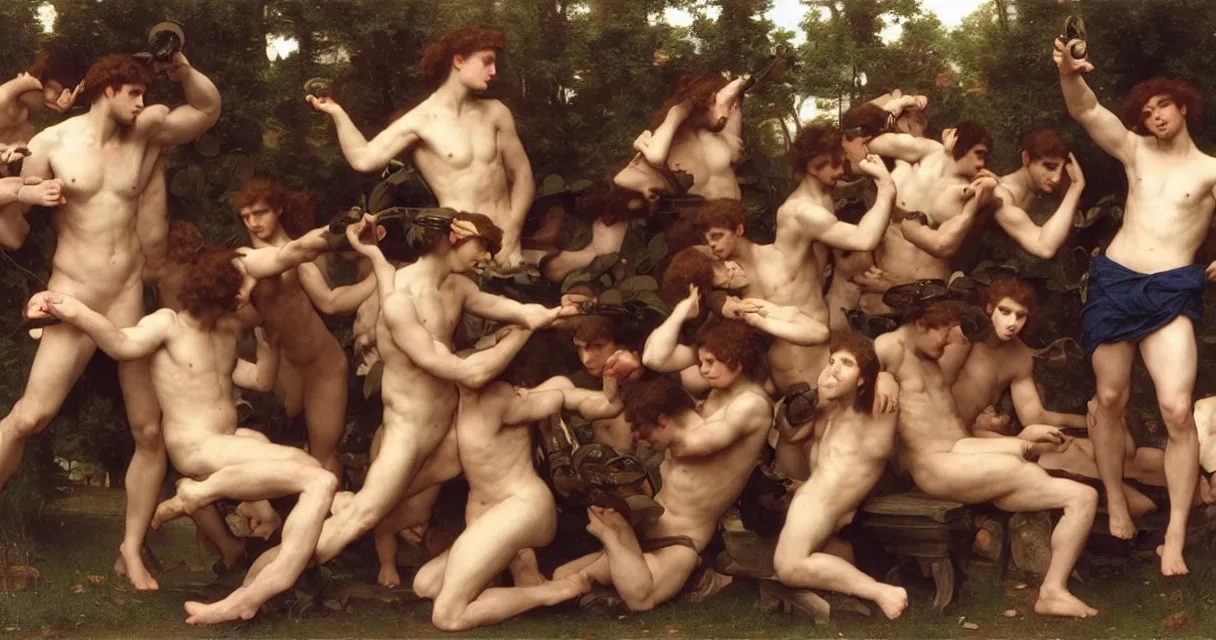 Prompt: large group of pre-Raphaelite muscular athletic male gamers wearing headsets!!!!! holding laptops!!!! playstation!!! x-box! and PC by Bouguereau and raphael