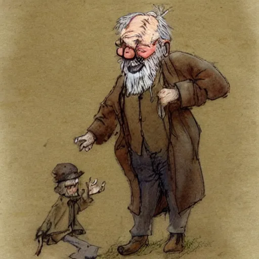 Image similar to a muted color watercolor sketch of a old man little person dancing from story book character ifrom the book Baltimore & Redingote by Jean-Baptiste Monge of an old man in the style of by Jean-Baptiste Monge that looks like its by Jean-Baptiste Monge and refencing Jean-Baptiste Monge