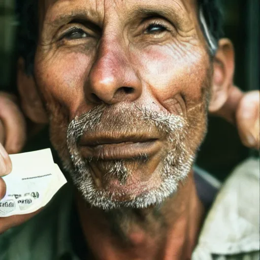 Prompt: closeup portrait of a man unhappy with a million dollar check, by Steve McCurry and David Lazar, natural light, detailed face, CANON Eos C300, ƒ1.8, 35mm, 8K, medium-format print