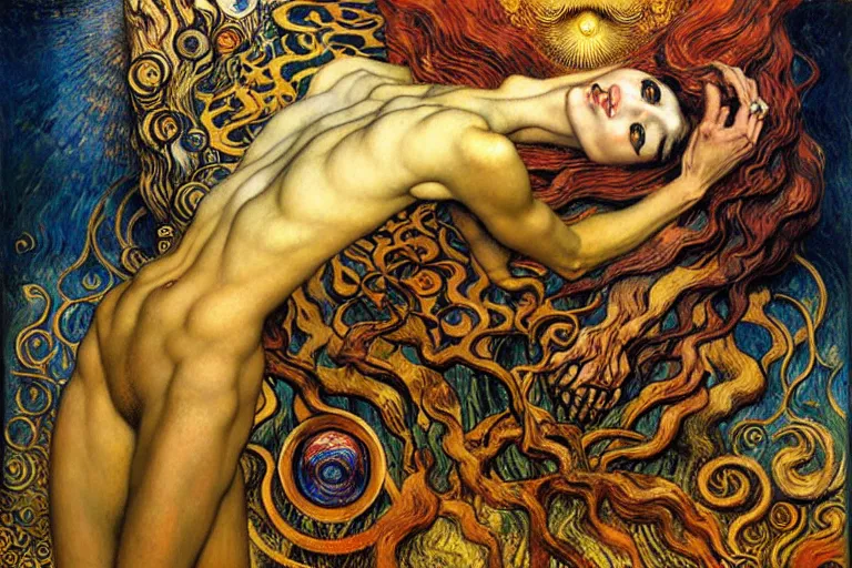 Image similar to Divine Chaos Engine by Karol Bak, Jean Delville, William Blake, Gustav Klimt, and Vincent Van Gogh, symbolist, visionary