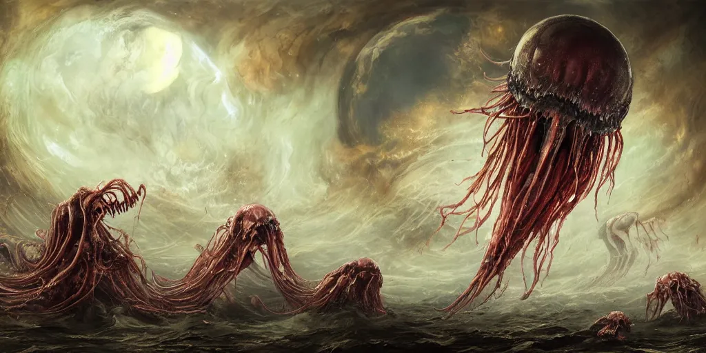 Image similar to concept art of giant translucent glowing jellyfishes, lovecraftian, lots of teeth, melting horror, round moon, rich clouds, fighting the horrors of the unknown, high resolution, very detailed, roaring, volumetric light, mist, grim, fine art, decaying, textured oil over canvas, epic fantasy art, very colorful, ornate, anato finnstark