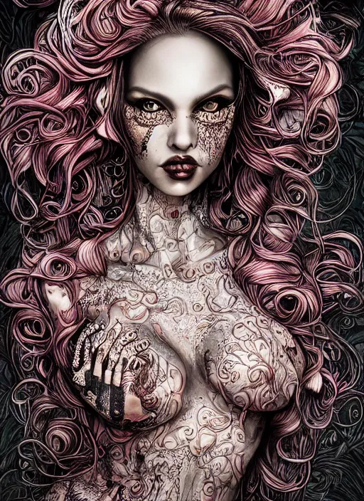 Image similar to portrait of a female model, vivid, intricate, highly detailed, smooth, digital illustration, the dark and quirky art of scott radke