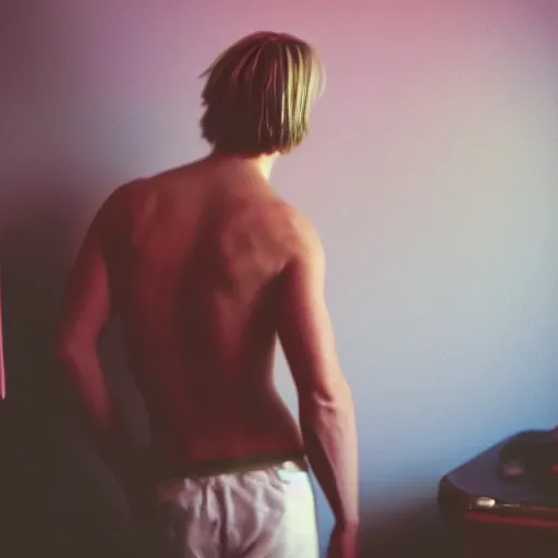 Image similar to kodak portra 4 0 0 photograph of a skinny blonde guy standing in cluttered 9 0 s bedroom, back view, moody lighting, telephoto, 9 0 s vibe, retro, blurry background, vaporwave colors, faded!,