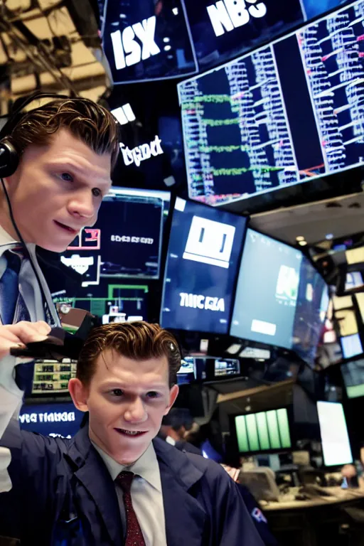 Prompt: tom holland rings the opening bell at the new york stock exchange trading floor, 3 5 mm photography, highly detailed, cinematic lighting, 4 k