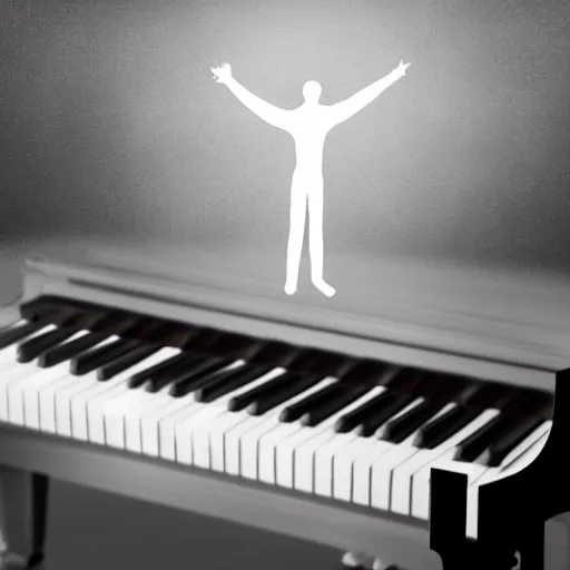 Image similar to a realistic detailed card floating in the air, light particles, piano floating in the sky, light around the piano, shadow of a man playing piano, detailed body, cinematic photo, realistic, detailed