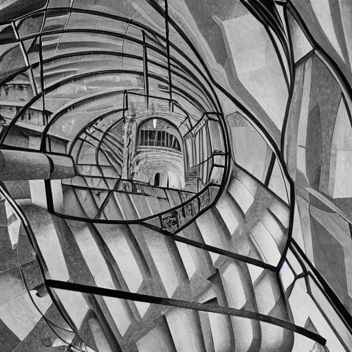 Prompt: m. c. escher rendering of a marble labyrinth, piranesi, optical illusion, trompe l'oueil, fine art photograph, architectural detail editorial photo