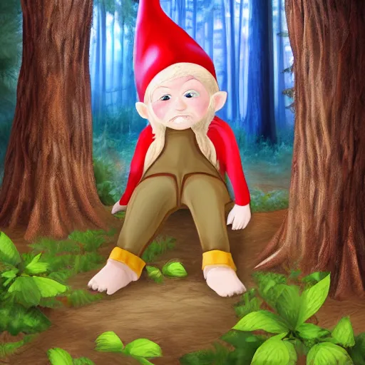 Image similar to a gnome with blonde hair, green eyes, and light maple colored skin lurking in the forest, digital art