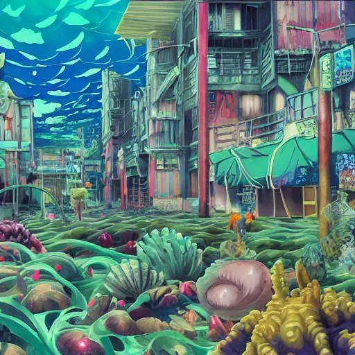 Prompt: painted anime background of undersea slums shopping district built from various sea shells and corals and falling to decay, seaweed, light diffraction, steampunk, cyberpunk, cool colors, caustics, anime, vhs distortion, hazard warning signs, sickly green color palette, barnacles, sea urchins, inspired by splatoon by nintendo, art created by miyazaki