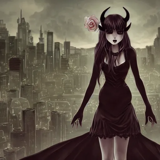 Prompt: gloomy demon girl with demon horns in a pretty black dress with a rose in her hands in front of a dystopia city, beautiful high detail photo