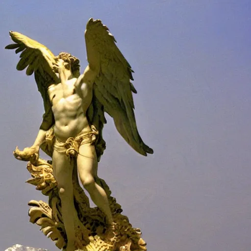 Image similar to thus spoke zarathustra, serpent and eagle, statue, by michaelangelo, by bernini, gold accents, white marble, sunshine, mountaintop, snow, highly detailed,