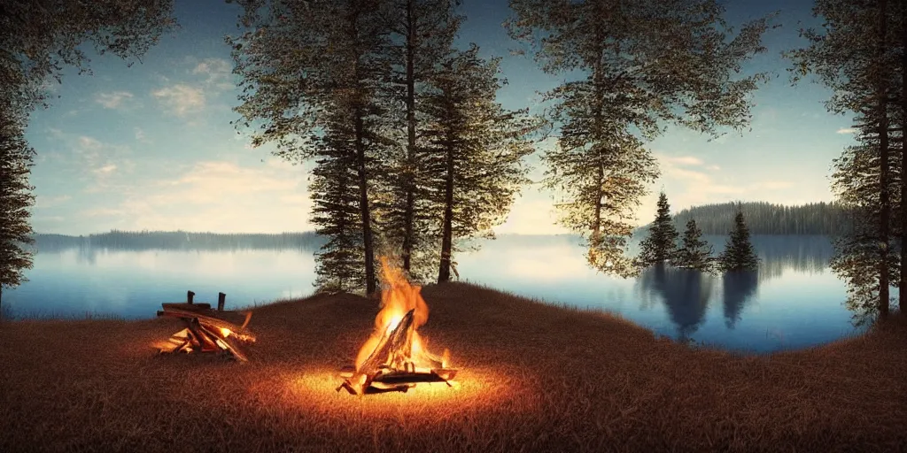 Prompt: a beautiful!!!!!!!! solitary campfire with a beautiful!!! lake in the background, no people, lonely landscape, 3d render, trending on artstation, extremely high detail!!, highly detailed