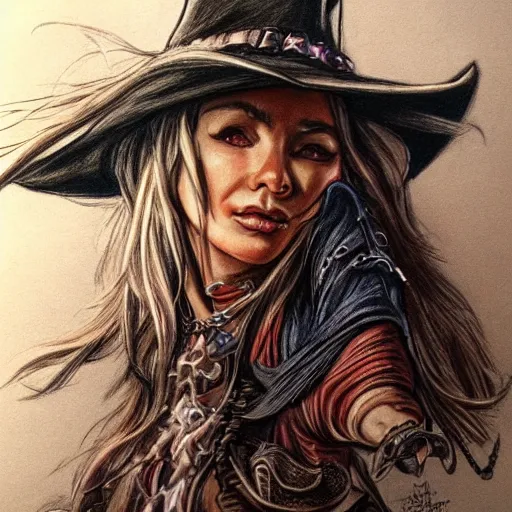 Image similar to beautiful cowboy witch, wild west, detailed, concept art, colored pencil drawing, trending on artstation