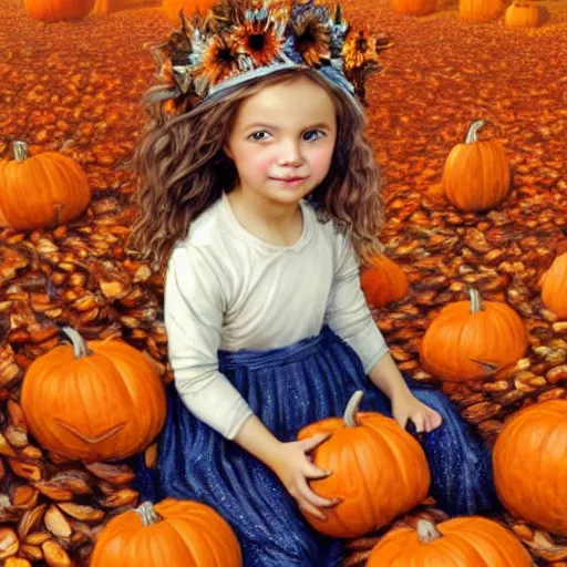 Image similar to a cute little girl with light brown wavy curly hair and blue eyes sitting amidst piles of pumpkins. beautiful cute highly detailed face. she is wearing a crown of autumn leaves. autumn and fall and halloween themed painting by artgerm and greg rutkowski and bouguereau.