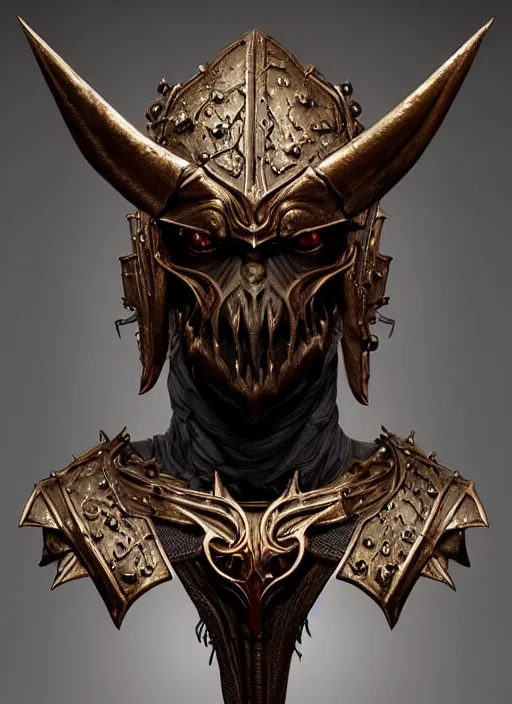 Prompt: a detailed bust knight in bronze, demonic, demon, symmetry, symmetrical, by greg rutkowski and justin gerard, digital art, monstrous, art nouveau, baroque style, realistic painting, very detailed, fantasy, dnd, character design, top down lighting, trending on artstation