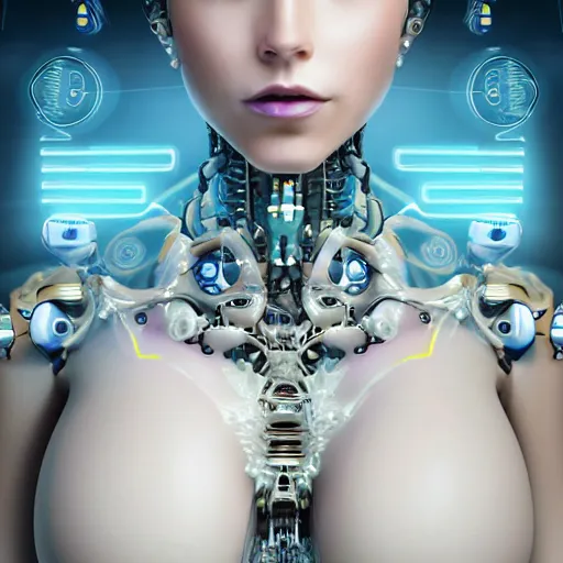 Image similar to The face of an extremely beautiful biomechanical female looking robot with Optical Sensors and large emoji tattoos, surrounded by a thin transparent force field,, extremely beautiful oppai cyberpunk, chimeric organism, pale skin, organic polycarbon, full frontal, portrait, highly detailed, symmetrical, mechanical, mendelbrot fractal, ray tracing, hyperdetailed, hyperrealistic, octane render, hdr, 8k